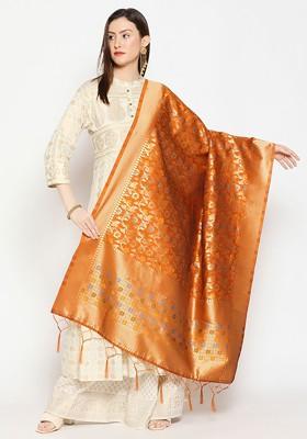 Women Rust Woven Design Banarasi Silk Dupatta
