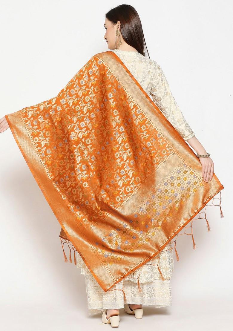Women Rust Woven Design Banarasi Silk Dupatta