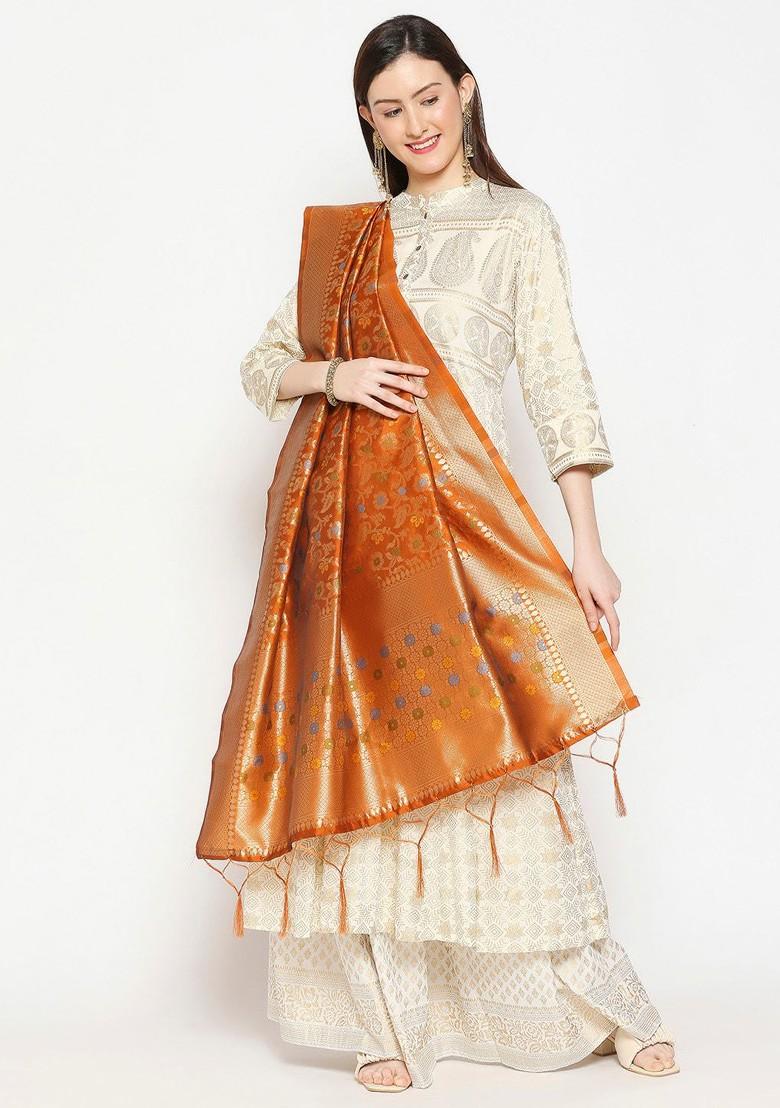 Women Rust Woven Design Banarasi Silk Dupatta