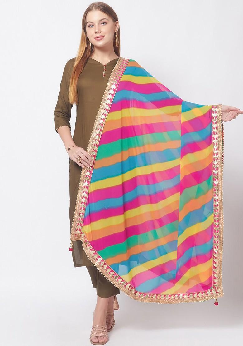 Blue And Yellow Printed Dupatta With Gotta Patti