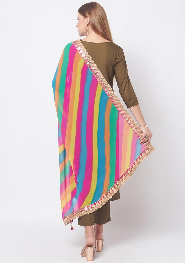 Blue And Yellow Printed Dupatta With Gotta Patti