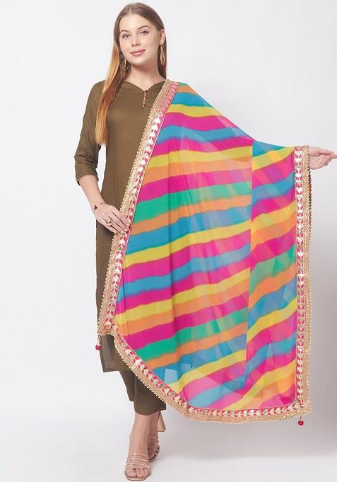 Blue And Yellow Printed Dupatta With Gotta Patti