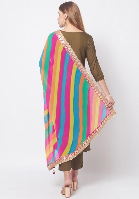 Blue And Yellow Printed Dupatta With Gotta Patti