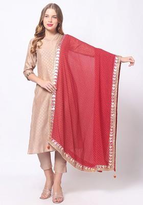 Maroon And Pink Printed Bandhani Dupatta With Gotta Patti