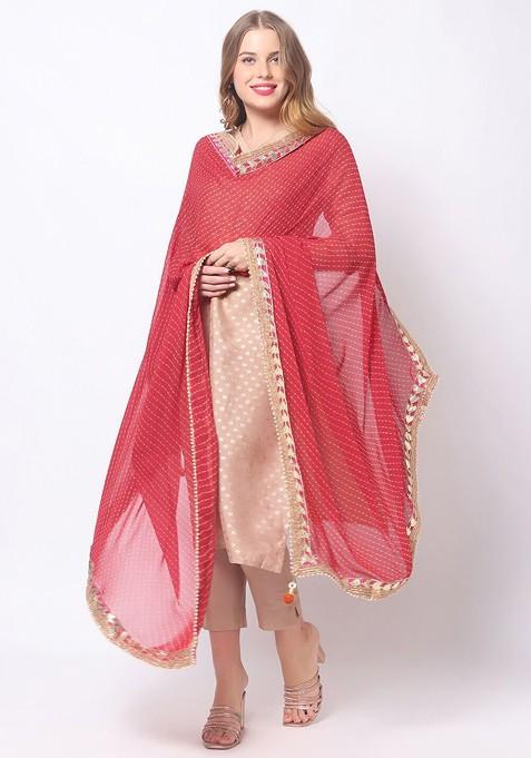 Maroon And Pink Printed Bandhani Dupatta With Gotta Patti