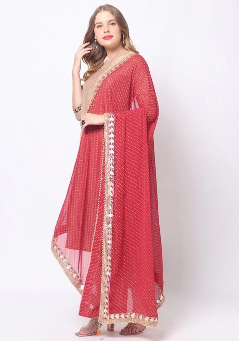 Maroon And Pink Printed Bandhani Dupatta With Gotta Patti