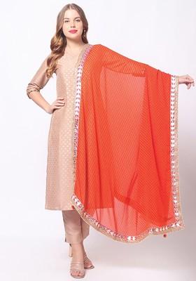 Red And Gold Toned Printed Dupatta With Gotta Patti