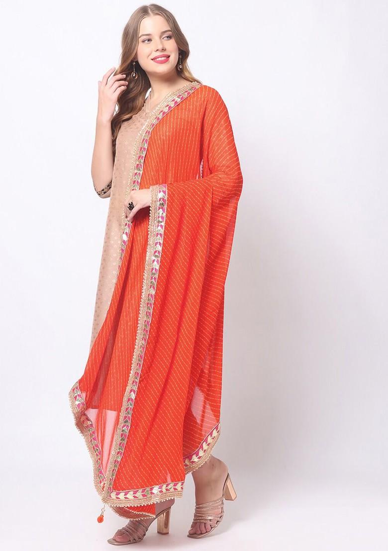 Red And Gold Toned Printed Dupatta With Gotta Patti