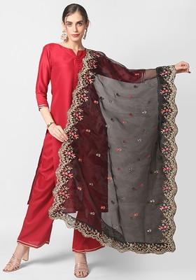 Black And White Ethnic Motifs Embroidered Organza Dupatta With Sequinned