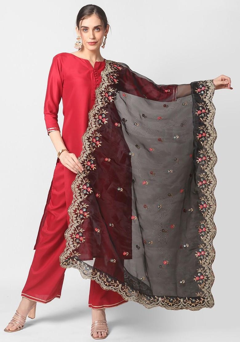 Black And White Ethnic Motifs Embroidered Organza Dupatta With Sequinned