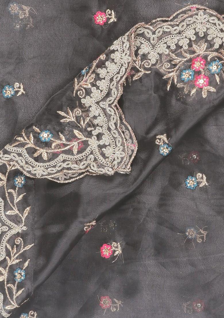 Black And White Ethnic Motifs Embroidered Organza Dupatta With Sequinned