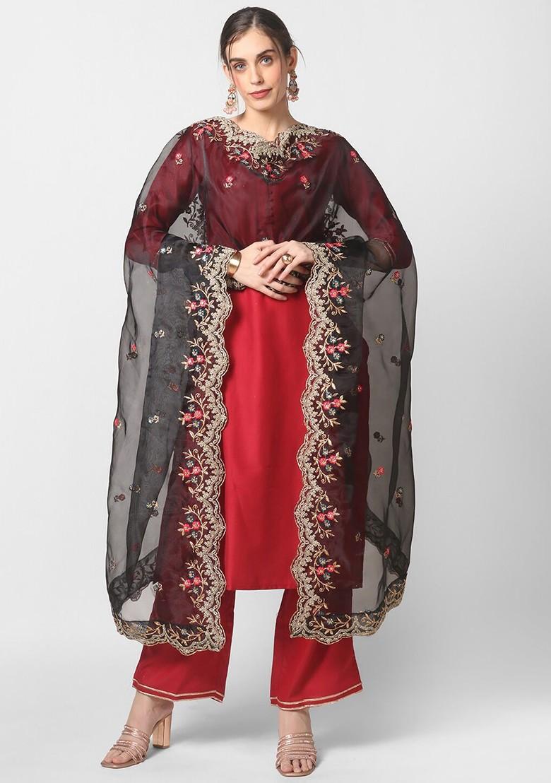 Black And White Ethnic Motifs Embroidered Organza Dupatta With Sequinned