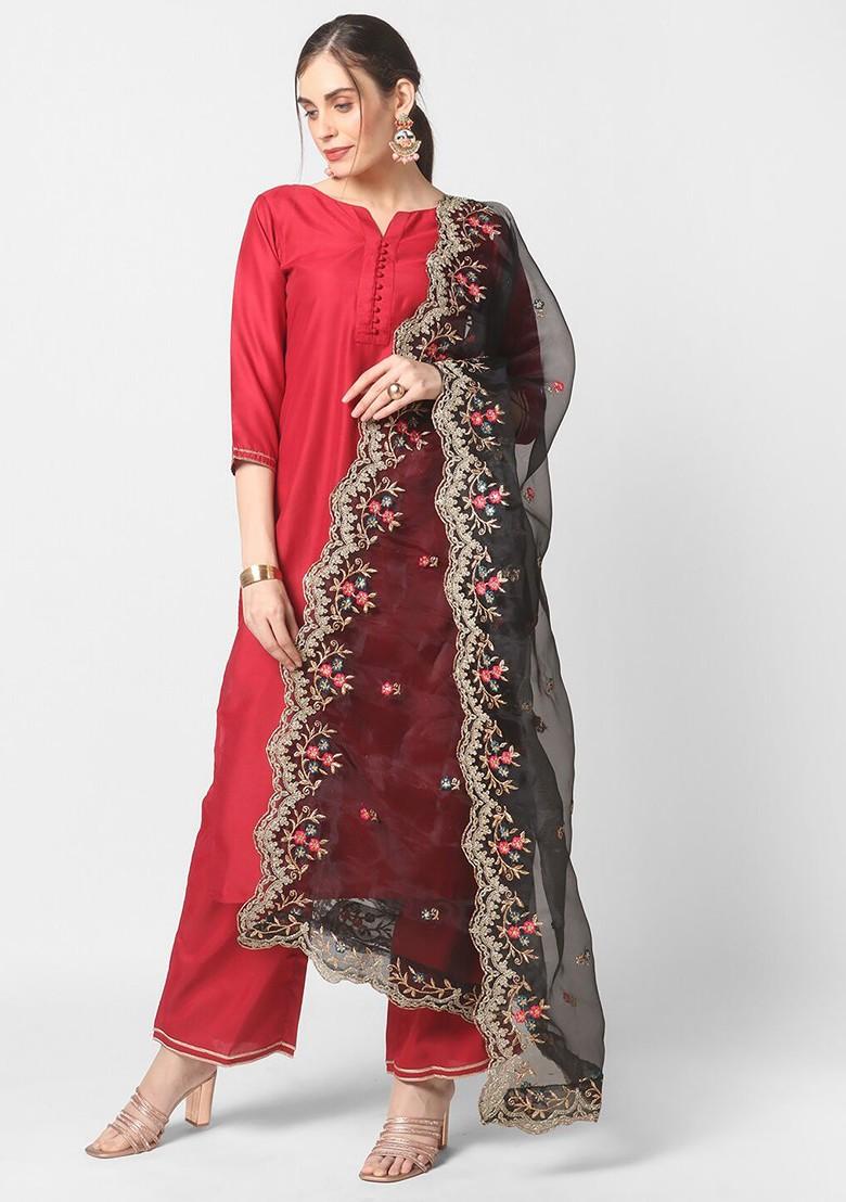 Black And White Ethnic Motifs Embroidered Organza Dupatta With Sequinned