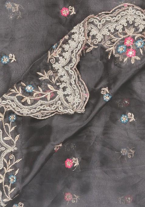 Black And White Ethnic Motifs Embroidered Organza Dupatta With Sequinned