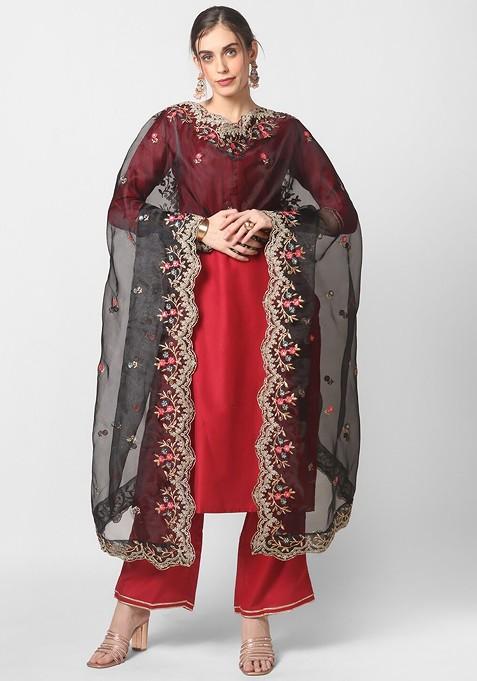 Black And White Ethnic Motifs Embroidered Organza Dupatta With Sequinned