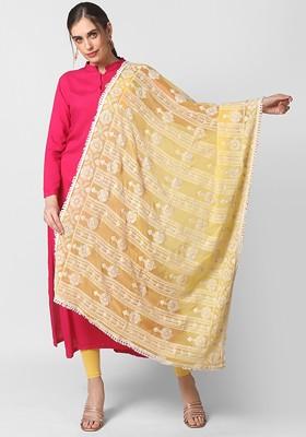 Yellow And White Ethnic Motifs Embroidered Dupatta With Chikankari