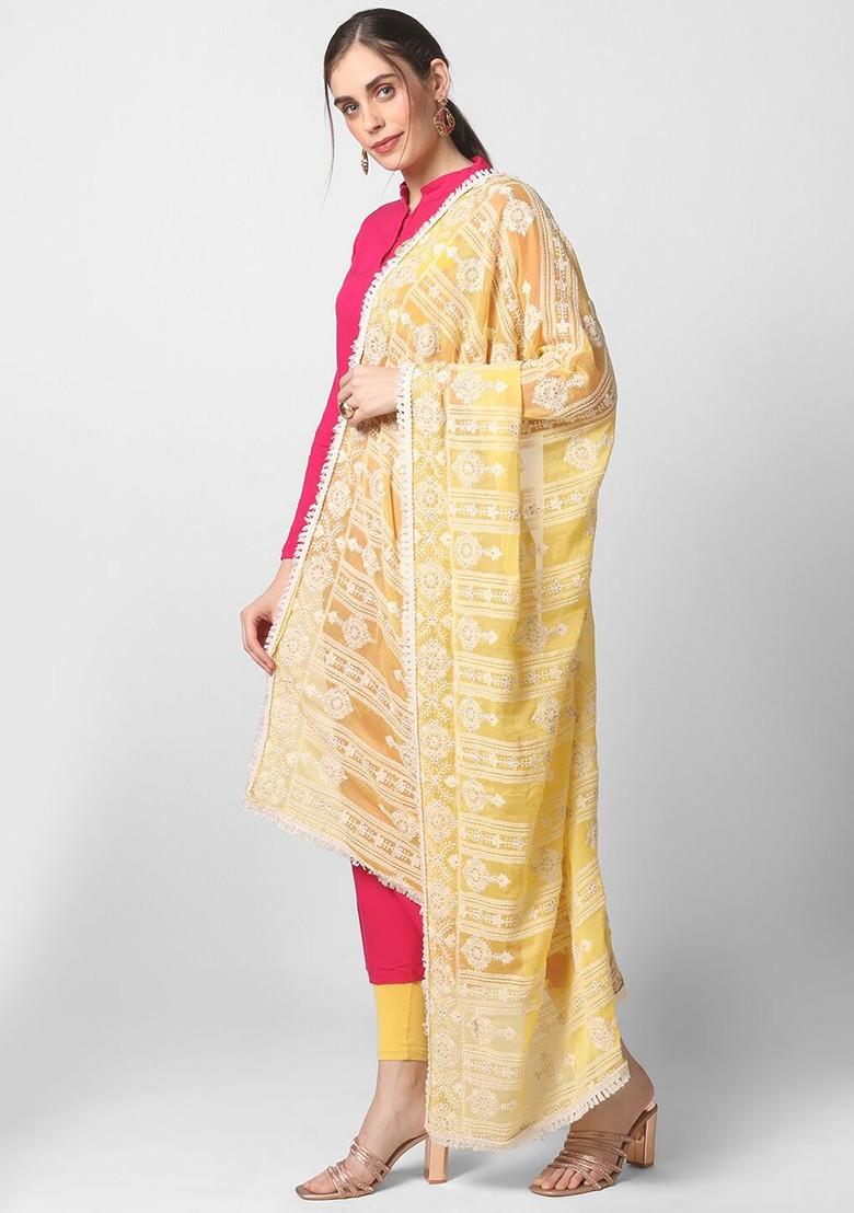 Yellow And White Ethnic Motifs Embroidered Dupatta With Chikankari