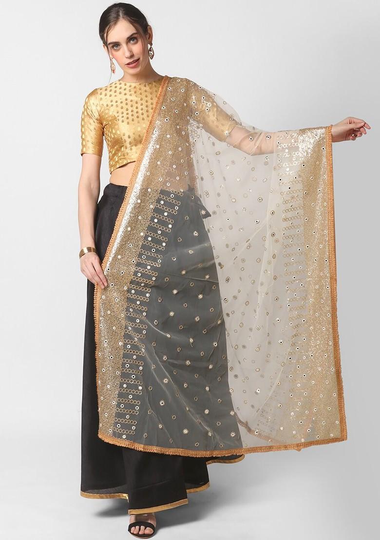 Cream Coloured And Gold Ethnic Motifs Embroidered Dupatta With Sequinned