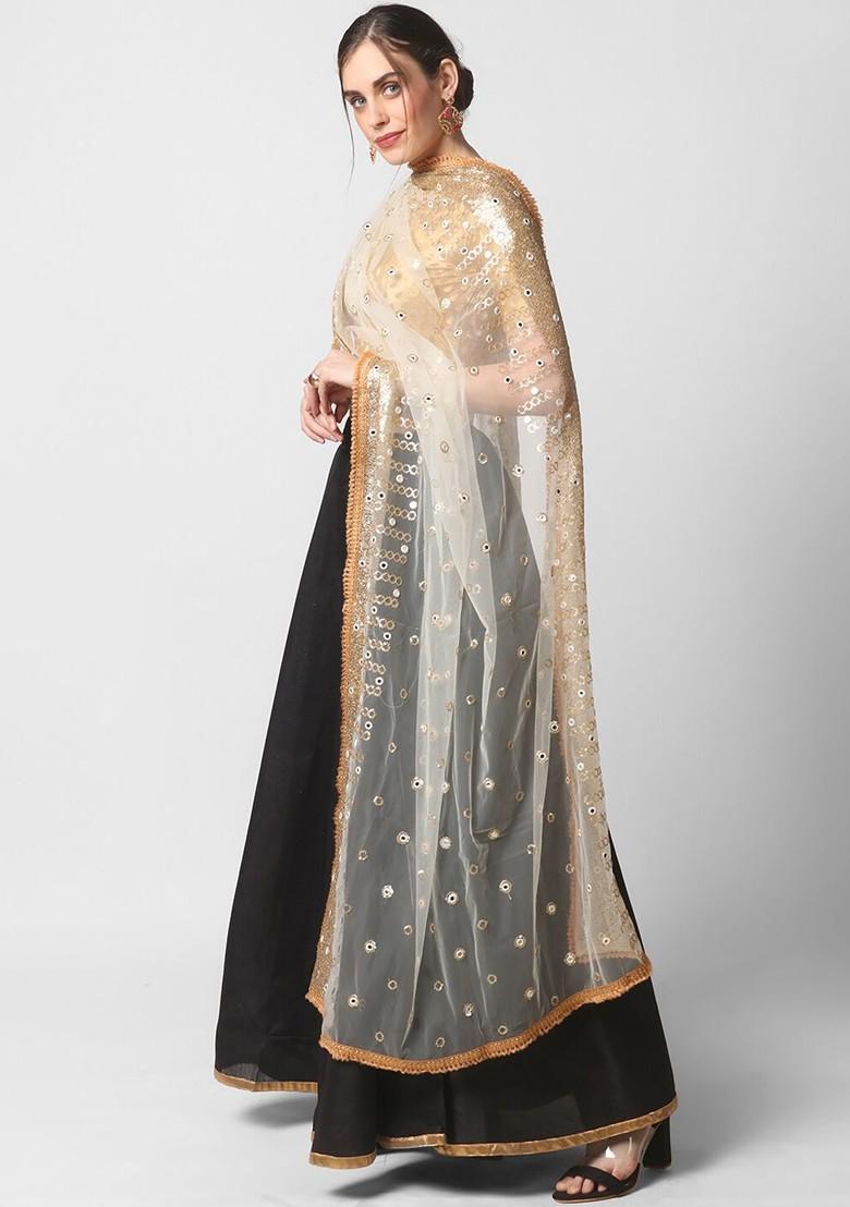 Cream Coloured And Gold Ethnic Motifs Embroidered Dupatta With Sequinned