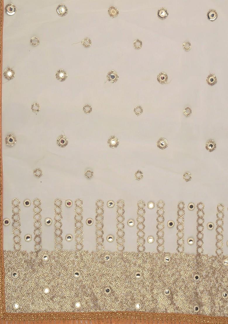 Cream Coloured And Gold Ethnic Motifs Embroidered Dupatta With Sequinned