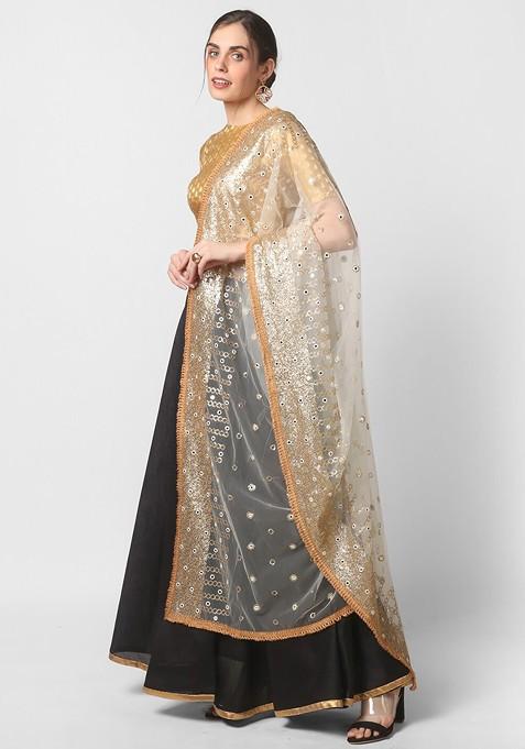 Cream Coloured And Gold Ethnic Motifs Embroidered Dupatta With Sequinned