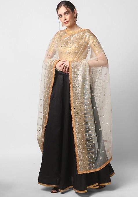 Cream Coloured And Gold Ethnic Motifs Embroidered Dupatta With Sequinned