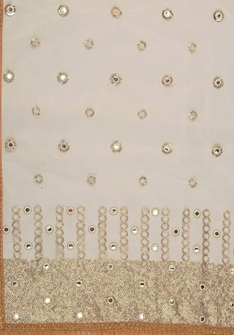 Cream Coloured And Gold Ethnic Motifs Embroidered Dupatta With Sequinned