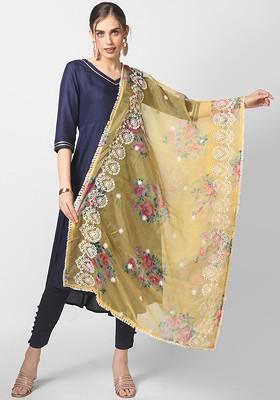 Yellow And White Embroidered Organza Dupatta With Mirror Work