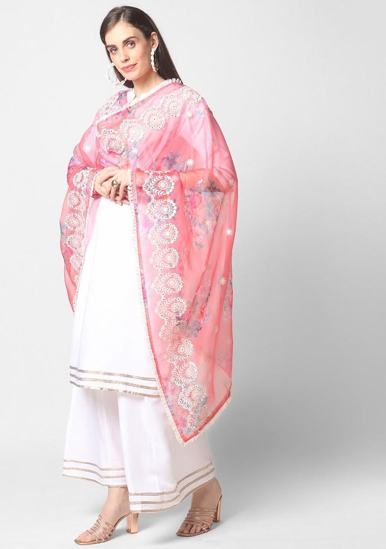 Coral And Blue Embroidered Organza Dupatta With Mirror Work