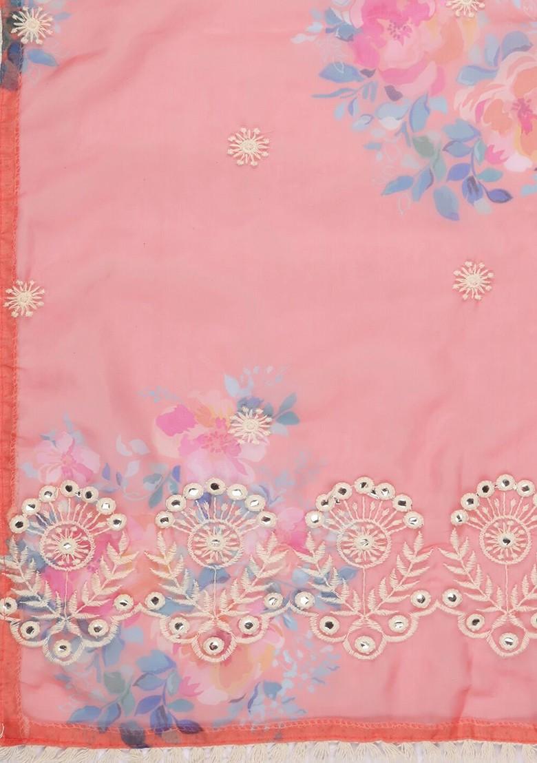 Coral And Blue Embroidered Organza Dupatta With Mirror Work