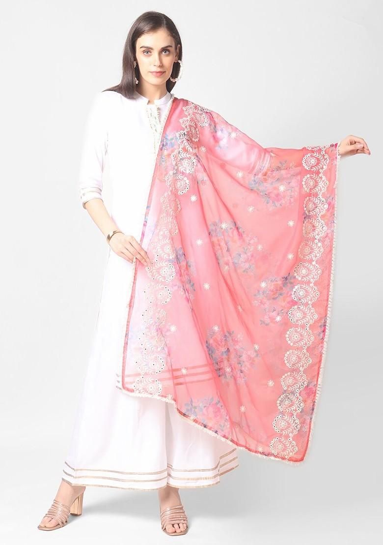 Coral And Blue Embroidered Organza Dupatta With Mirror Work
