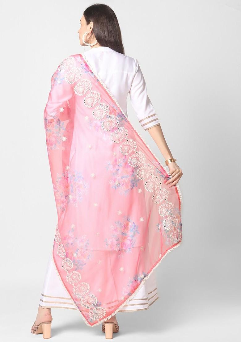 Coral And Blue Embroidered Organza Dupatta With Mirror Work