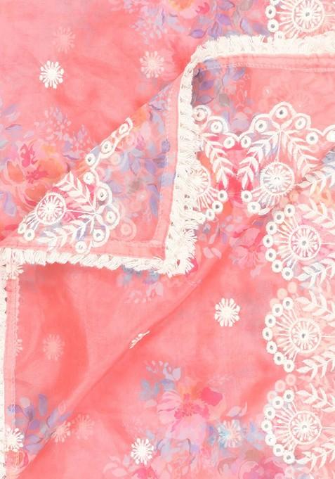 Coral And Blue Embroidered Organza Dupatta With Mirror Work