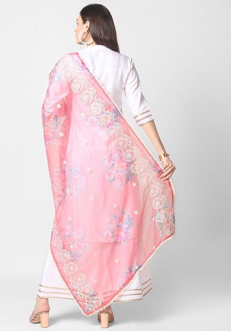 Coral And Blue Embroidered Organza Dupatta With Mirror Work