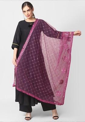 Burgundy Ethnic Motifs Embroidered Dupatta With Sequinned Details