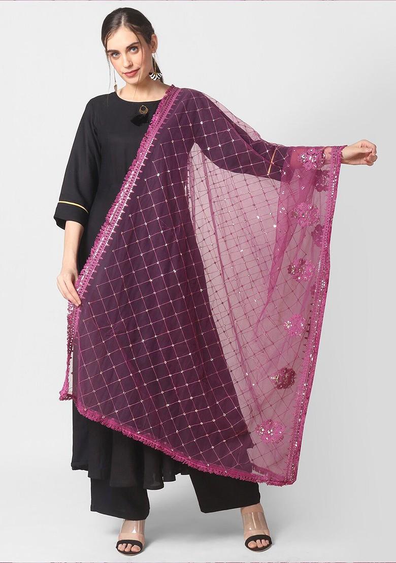 Burgundy Ethnic Motifs Embroidered Dupatta With Sequinned Details