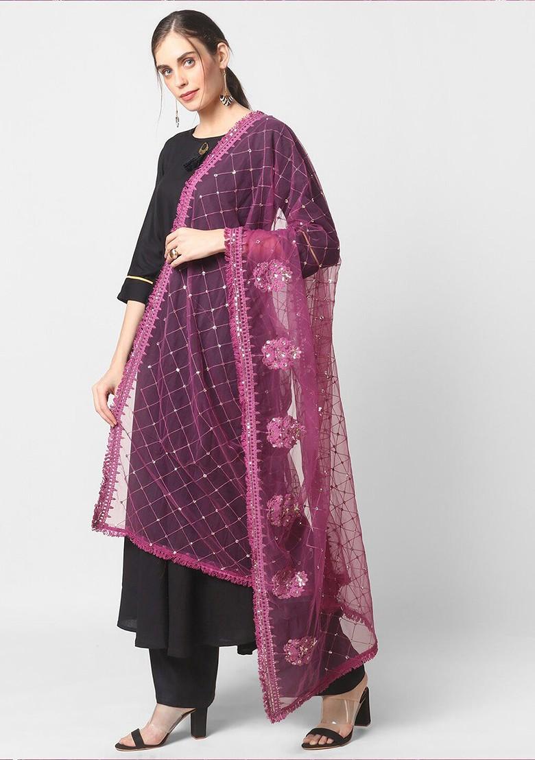 Burgundy Ethnic Motifs Embroidered Dupatta With Sequinned Details