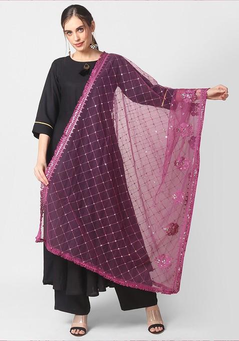 Burgundy Ethnic Motifs Embroidered Dupatta With Sequinned Details