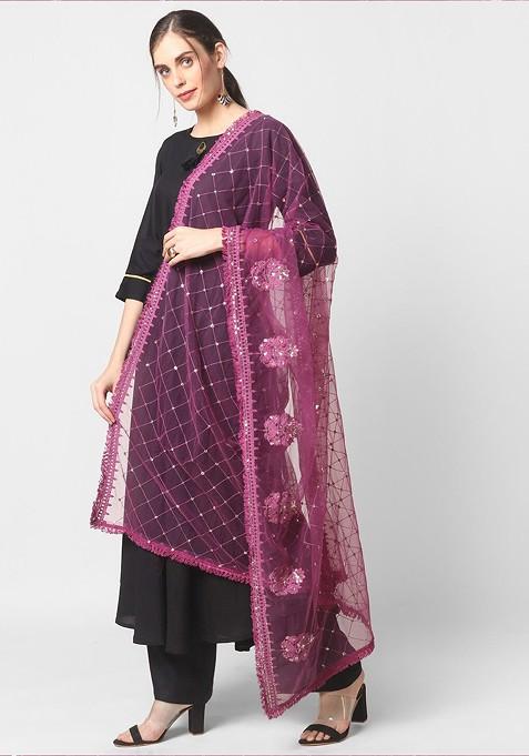 Burgundy Ethnic Motifs Embroidered Dupatta With Sequinned Details