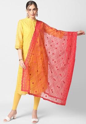 Red And Silver Ethnic Motifs Embroidered Dupatta With Sequinned Details