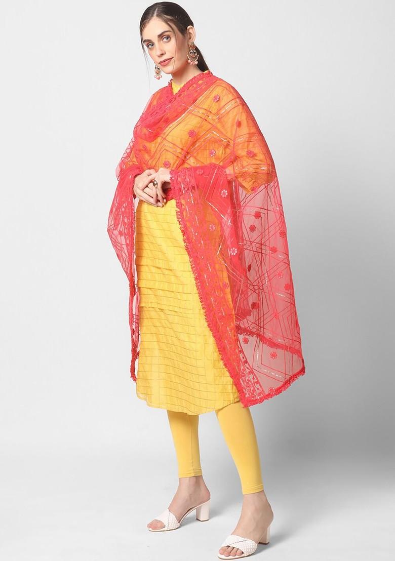 Red And Silver Ethnic Motifs Embroidered Dupatta With Sequinned Details