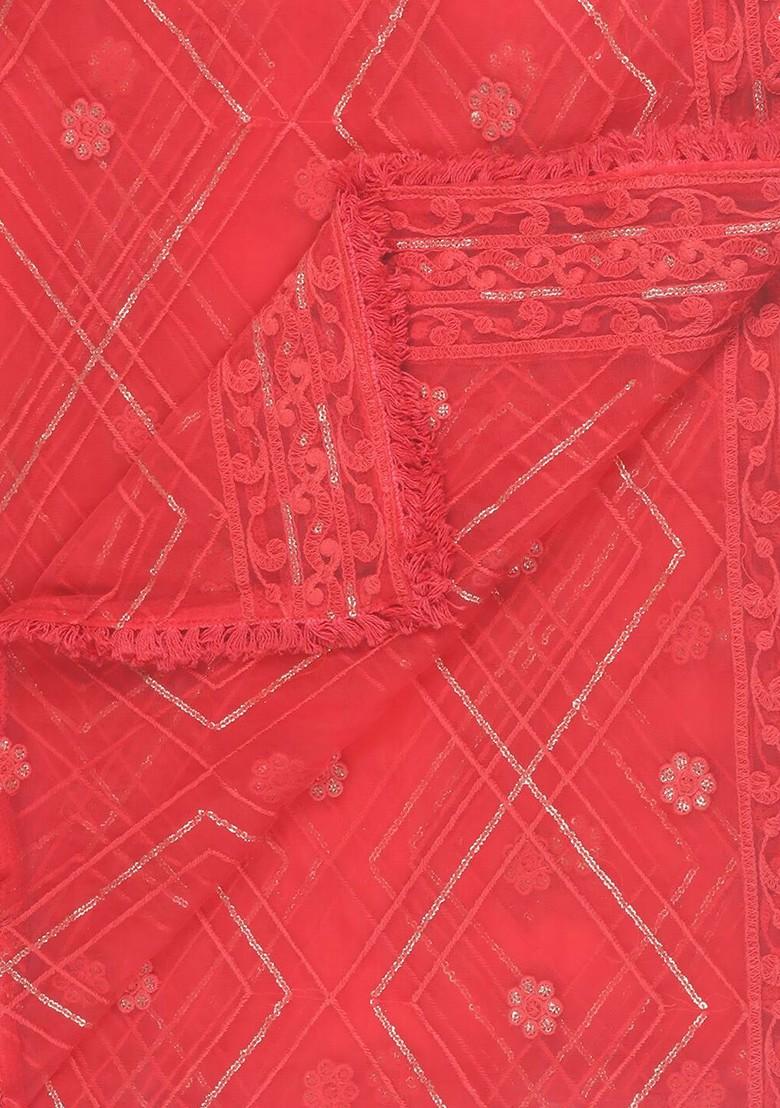 Red And Silver Ethnic Motifs Embroidered Dupatta With Sequinned Details