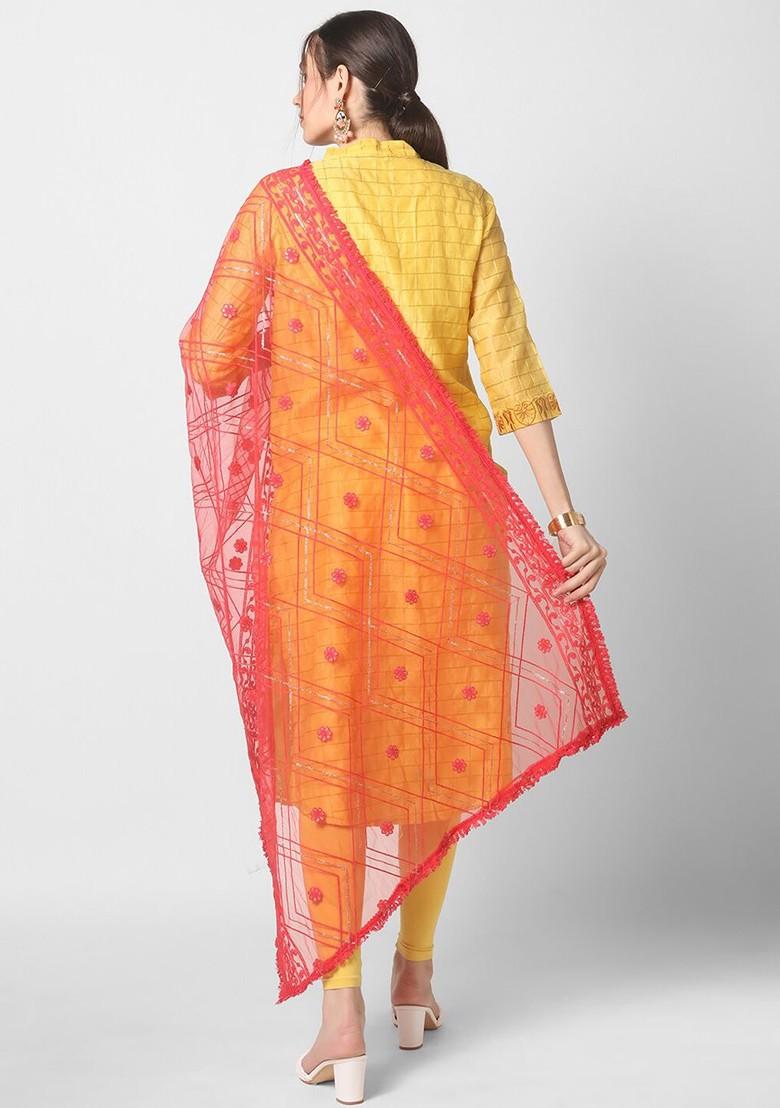 Red And Silver Ethnic Motifs Embroidered Dupatta With Sequinned Details