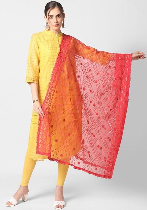 Red And Silver Ethnic Motifs Embroidered Dupatta With Sequinned Details