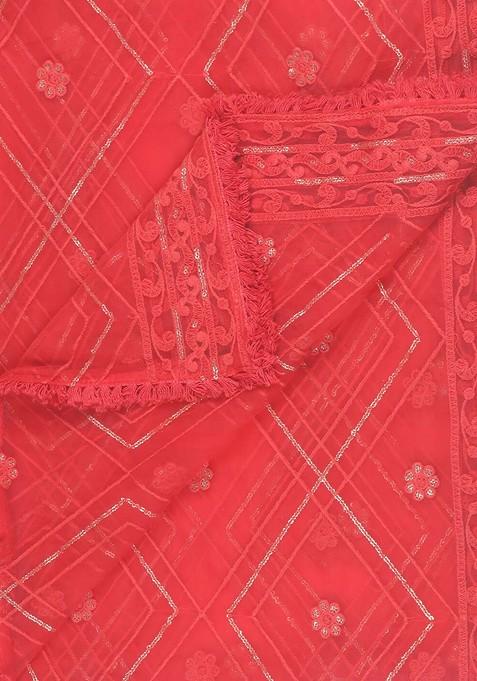 Red And Silver Ethnic Motifs Embroidered Dupatta With Sequinned Details