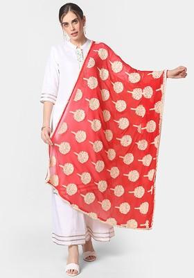 Red And Beige Ethnic Motifs Embroidered Dupatta With Thread Work Details