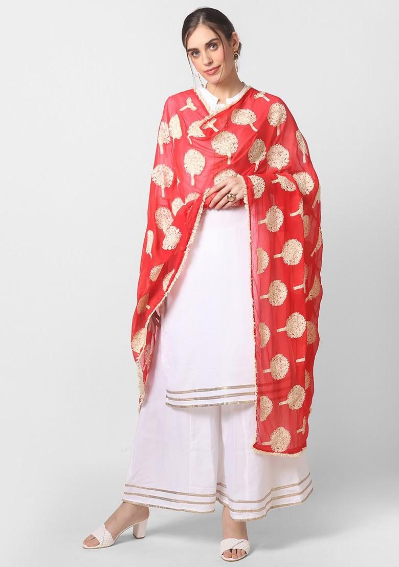 Red And Beige Ethnic Motifs Embroidered Dupatta With Thread Work Details