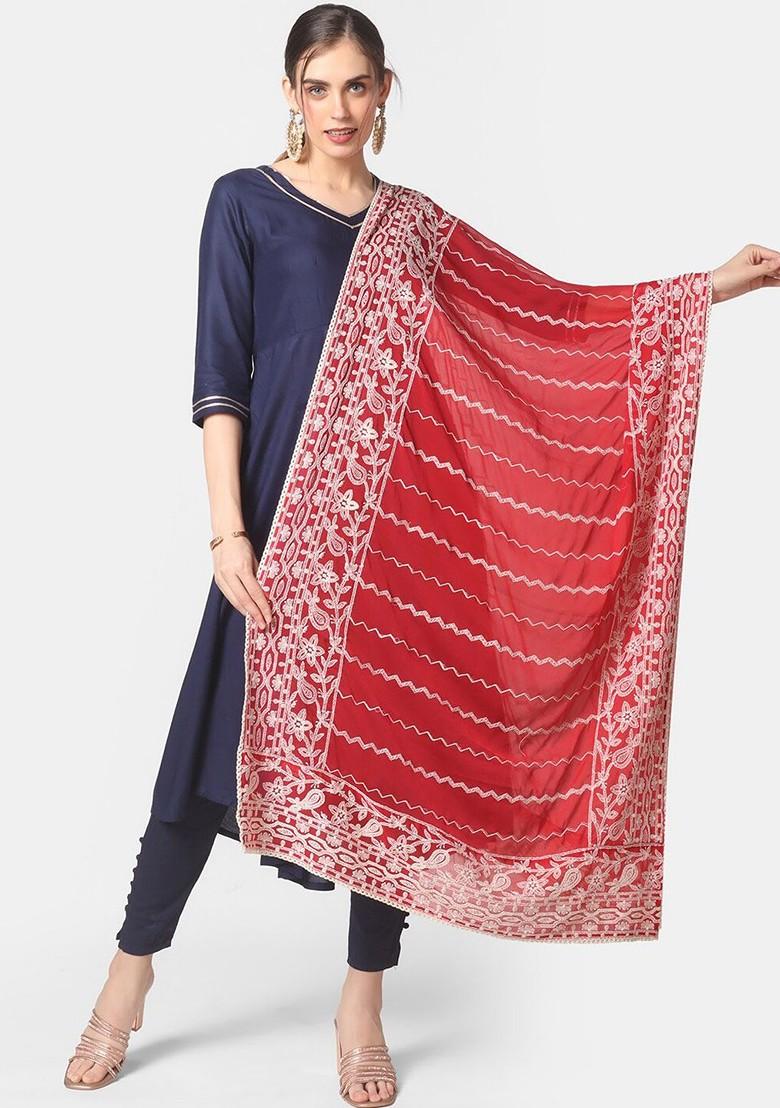 Red And White Ethnic Motifs Embroidered Dupatta With Chikankari