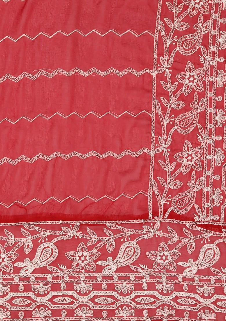 Red And White Ethnic Motifs Embroidered Dupatta With Chikankari