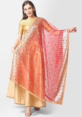Red And Gold Ethnic Motifs Embroidered Dupatta With Sequinned Details